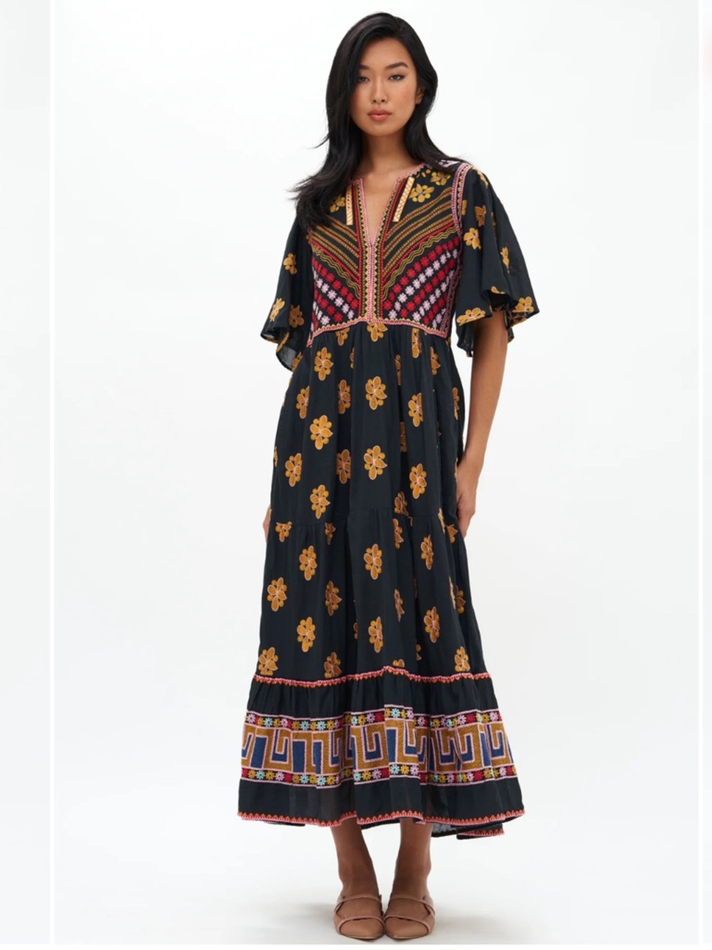 Oliphant Black Maxi Dress with Mustard Floral & Multicolor Embroidery